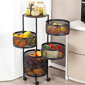 BotaBay Round Rotating Multi-Layer Kitchen Storage Shelf, 5 Tier Fruit Vegetable Storage Basket, Kitchen Storage Rack Floor Standing, Movable Household Storage Rack for Kitchen Living Room Toilet