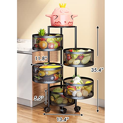 BotaBay Round Rotating Multi-Layer Kitchen Storage Shelf, 5 Tier Fruit Vegetable Storage Basket, Kitchen Storage Rack Floor Standing, Movable Household Storage Rack for Kitchen Living Room Toilet