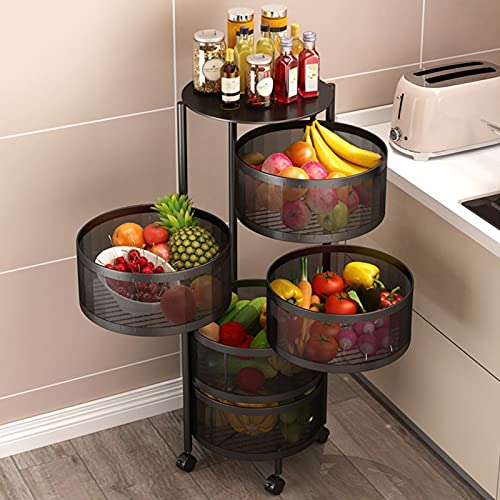 BotaBay Round Rotating Multi-Layer Kitchen Storage Shelf, 5 Tier Fruit Vegetable Storage Basket, Kitchen Storage Rack Floor Standing, Movable Household Storage Rack for Kitchen Living Room Toilet