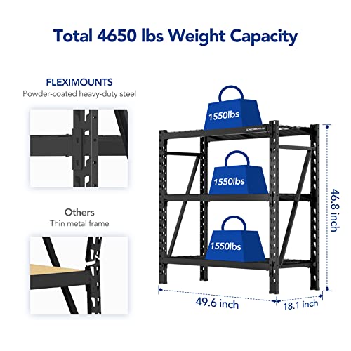 FLEXIMOUNTS Garage Shelving, 3-Tier Adjustable Shelf, 4650 lbs Weight Capacity Storage Rack, 2 x 4 ft, Heavy Duty Industrial Metal Shelving