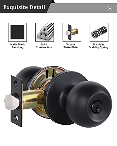 Lanwandeng Matte Black Door Knobs with Lock and Keys, Interior/Exterior Door Knob for Bedroom or Bathroom, Entry Door Lock