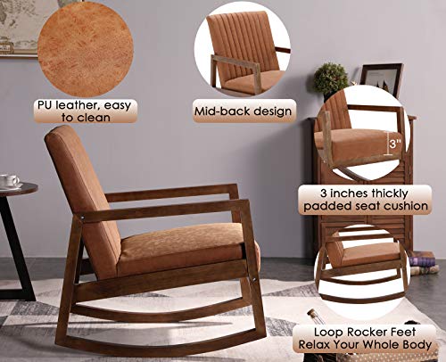 CIMOTA Leather Modern Rocking Chair Mid Century Armchair Upholstered Arm Chair with Padded Seat/Wood Frame, Comfy Rocker for Living Room/Bedroom, Retro Brown PU