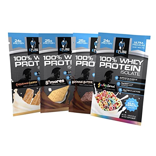 eFlow Nutrition Whey Protein Sample Variety - Isolate Protein Powder Samples, Low Calorie, Fast-digesting, Premium Quality, Travel Packs, Low Carb (4 Pack)