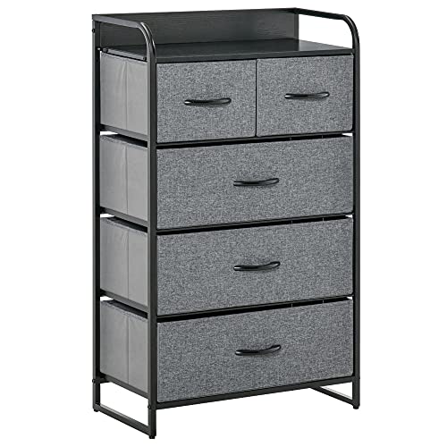 HOMCOM 5-Drawer Fabric Dresser Tower, 4-Tier Storage Organizer with Steel Frame for Hallway, Bedroom and Closet, Grey