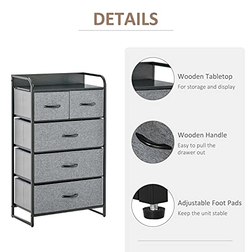 HOMCOM 5-Drawer Fabric Dresser Tower, 4-Tier Storage Organizer with Steel Frame for Hallway, Bedroom and Closet, Grey