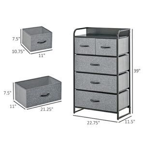 HOMCOM 5-Drawer Fabric Dresser Tower, 4-Tier Storage Organizer with Steel Frame for Hallway, Bedroom and Closet, Grey