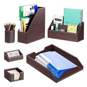 desk accessories and workspace organizers, 6 pcs office supplies organization set- pencil cup, business card holder, sticky note dispenser, mail sorter, letter tray, files holder, decor desktop caddy