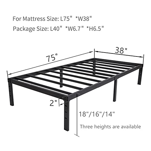 Wulanos Twin Size Bed Frame, 3500lbs Heavy Duty Metal Platform with Steel Slats Support, No Box Spring Needed, 14 inches high Bedframe with Ample Storage, Sturdy and Noise-Free, Black