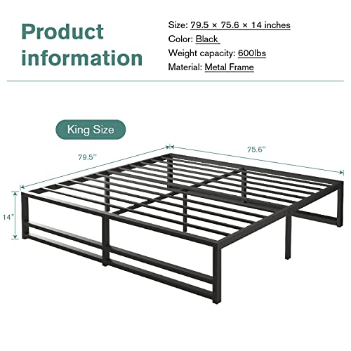MUTICOR 14'' Metal Platform King Bed Frame with Strong Steel Slats Support/Sufficient Storage Space/Mattress Foundation/No Box Spring Needed/Easy Assembly