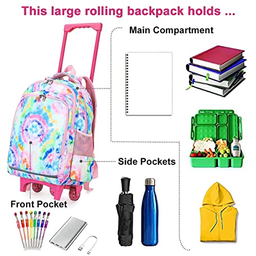 CAMTOP 18 Inch Rolling Backpack Girls Travel Roller Bag with Wheels Kids School Bags Wheeled Luggage Backpack (Tie Dye)