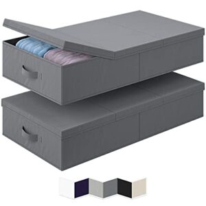 neaterize under bed storage bins with lids [set of 2] long flat stackable underbed storage containers for organizing clothing, shoes, toys, blankets, and linen. garage boxes. (large-grey)
