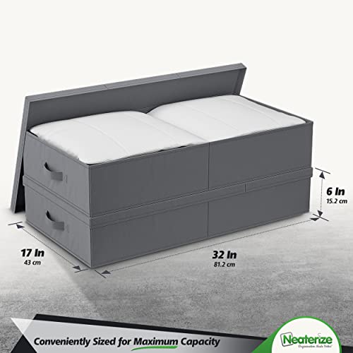 NEATERIZE Under Bed Storage Bins With Lids [Set of 2] Long Flat Stackable Underbed Storage Containers For Organizing Clothing, Shoes, toys, Blankets, and Linen. Garage Boxes. (Large-Grey)