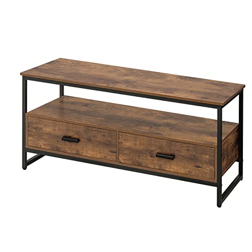 WEENFON Coffee Table, Industrial Coffee Table with 2 Cloth Drawers & Open Storage Shelf, Modern Accent Cocktail Table with Hidden Compartment for Living Room, Metal Frame, Rustic Brown