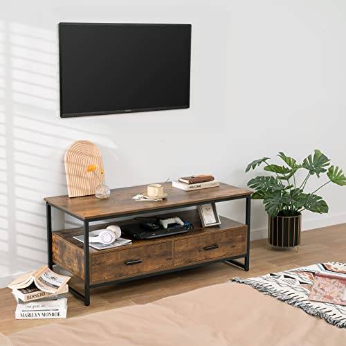 WEENFON Coffee Table, Industrial Coffee Table with 2 Cloth Drawers & Open Storage Shelf, Modern Accent Cocktail Table with Hidden Compartment for Living Room, Metal Frame, Rustic Brown