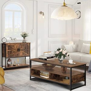 WEENFON Coffee Table, Industrial Coffee Table with 2 Cloth Drawers & Open Storage Shelf, Modern Accent Cocktail Table with Hidden Compartment for Living Room, Metal Frame, Rustic Brown