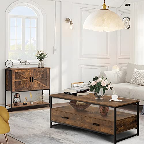 WEENFON Coffee Table, Industrial Coffee Table with 2 Cloth Drawers & Open Storage Shelf, Modern Accent Cocktail Table with Hidden Compartment for Living Room, Metal Frame, Rustic Brown