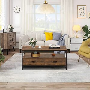 WEENFON Coffee Table, Industrial Coffee Table with 2 Cloth Drawers & Open Storage Shelf, Modern Accent Cocktail Table with Hidden Compartment for Living Room, Metal Frame, Rustic Brown