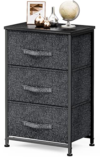 Pipishell Fabric Dresser, 3 Drawers Nightstand, Vertical Storage Drawer with Sturdy Steel Frame Wood Top, Small Dresser for Closet, Bedroom, Nursery Room (Black)