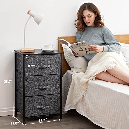 Pipishell Fabric Dresser, 3 Drawers Nightstand, Vertical Storage Drawer with Sturdy Steel Frame Wood Top, Small Dresser for Closet, Bedroom, Nursery Room (Black)