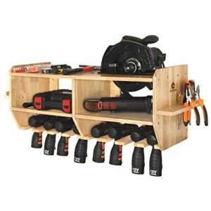 simesove large power tool organizer,cordless drill holder storage with 9 tool organizer slots,wall mount screwdriver and circular saw storage,solid wooden drill charging station for garage,father's day gifts