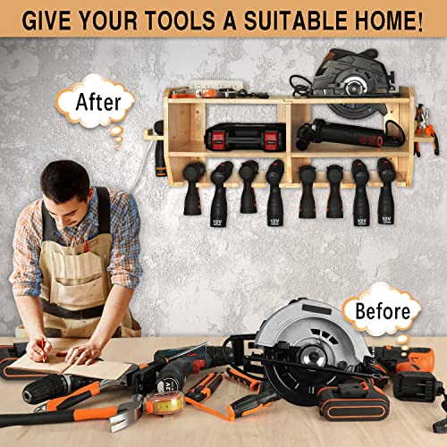 simesove Large Power Tool Organizer,Cordless Drill Holder Storage with 9 Tool Organizer Slots,Wall Mount Screwdriver and Circular Saw Storage,Solid Wooden Drill Charging Station for Garage,Father's Day Gifts