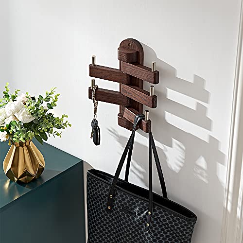 INMAN Swivel Coat Hooks for Wall, Oak Wood Wall Hook, Swivel Wall Coat Rack Heavy Duty Foldable Wall Hooks for Coat Hat Towel Purse Robes Mudroom Bathroom Entryway (Walnut