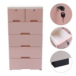 Futchoy Plastic Storage Cabinet 6 Drawer Units Vertical Clothes Storage Tower Dresser Small Closet Organizer Shelf Lockable for Clothes,Toys,Bedroom,Playroom (Pink)
