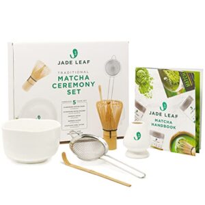 jade leaf matcha complete matcha ceremony set - includes: bamboo matcha whisk & scoop, stainless steel sifter, stoneware bowl & whisk holder, and prep guide