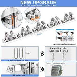 Broom Mop Holder Wall Mount - 5 Racks 4 Hooks Broom Organizer Wall Mount, Tool Racks, Stainless Steel Heavy Duty Hooks Self Adhesive Solid Non-slip for Home Kitchen Garden Laundry Garage