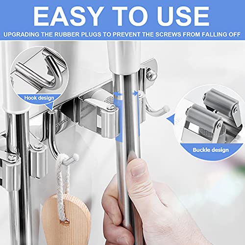 Broom Mop Holder Wall Mount - 5 Racks 4 Hooks Broom Organizer Wall Mount, Tool Racks, Stainless Steel Heavy Duty Hooks Self Adhesive Solid Non-slip for Home Kitchen Garden Laundry Garage