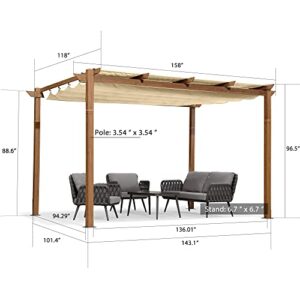 PURPLE LEAF 10' x 13' Outdoor Retractable Pergola with Sun Shade Canopy Patio Metal Shelter for Garden Porch Beach Pavilion Natural Wood Grain Frame Gazebo Modern Yard Grill Pergola