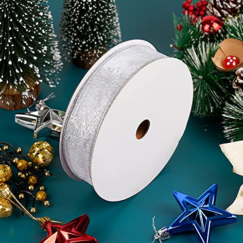 Snowflake Wired Sheer Glitter Ribbon Christmas Snowflake Ribbon 1.5" x 50 Yards for Gift Wrapping, Wreath Decoration, Garland, Tree Topper Bow, Winter, Gift Basket, Bows (Silver, 1.5inch)