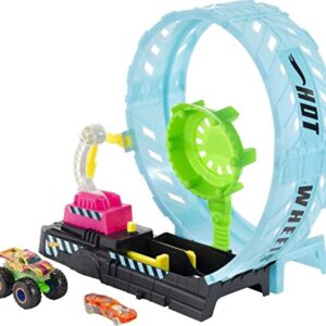 Hot Wheels Monster Trucks Glow in The Dark Epic Loop Challenge Playset with Launcher, Ramp & Giant Loop, Includes 1 1:64 Scale Die-Cast Truck & 1 Car, Toy Gift for Kids 4 to 8 Years Old