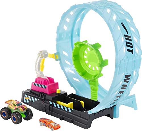 Hot Wheels Monster Trucks Glow in The Dark Epic Loop Challenge Playset with Launcher, Ramp & Giant Loop, Includes 1 1:64 Scale Die-Cast Truck & 1 Car, Toy Gift for Kids 4 to 8 Years Old