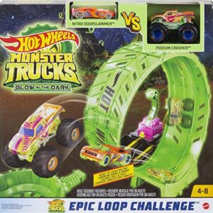 Hot Wheels Monster Trucks Glow in The Dark Epic Loop Challenge Playset with Launcher, Ramp & Giant Loop, Includes 1 1:64 Scale Die-Cast Truck & 1 Car, Toy Gift for Kids 4 to 8 Years Old