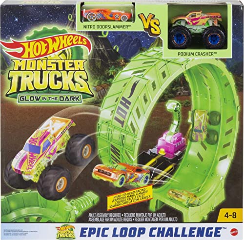 Hot Wheels Monster Trucks Glow in The Dark Epic Loop Challenge Playset with Launcher, Ramp & Giant Loop, Includes 1 1:64 Scale Die-Cast Truck & 1 Car, Toy Gift for Kids 4 to 8 Years Old