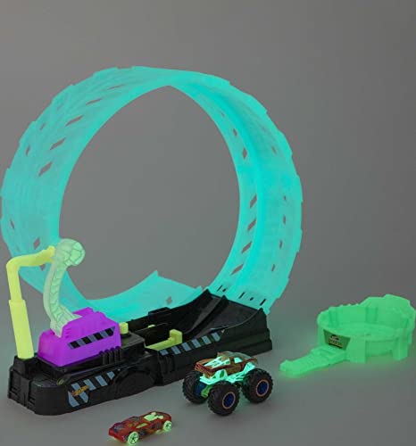 Hot Wheels Monster Trucks Glow in The Dark Epic Loop Challenge Playset with Launcher, Ramp & Giant Loop, Includes 1 1:64 Scale Die-Cast Truck & 1 Car, Toy Gift for Kids 4 to 8 Years Old