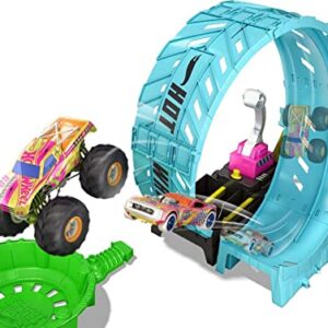 Hot Wheels Monster Trucks Glow in The Dark Epic Loop Challenge Playset with Launcher, Ramp & Giant Loop, Includes 1 1:64 Scale Die-Cast Truck & 1 Car, Toy Gift for Kids 4 to 8 Years Old