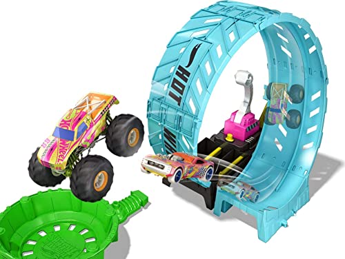 Hot Wheels Monster Trucks Glow in The Dark Epic Loop Challenge Playset with Launcher, Ramp & Giant Loop, Includes 1 1:64 Scale Die-Cast Truck & 1 Car, Toy Gift for Kids 4 to 8 Years Old