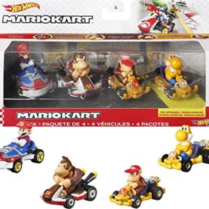 Hot Wheels Mario Kart Vehicle 4-Pack, Set of 4 Fan-Favorite Characters Includes 1 Exclusive Model, Collectible Gift for Kids & Fans Ages 3 Years Old & Up