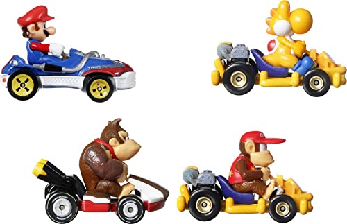 Hot Wheels Mario Kart Vehicle 4-Pack, Set of 4 Fan-Favorite Characters Includes 1 Exclusive Model, Collectible Gift for Kids & Fans Ages 3 Years Old & Up