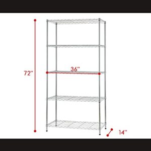 5 Tier Wire Shelving Unit 72"x36"x14"Storage Shelves Metal Wire Shelf Storage Rack Adjustable Commercial Organizer Heavy Duty Layer Unit for Restaurant Garage Pantry Kitchen Office (Chrome)