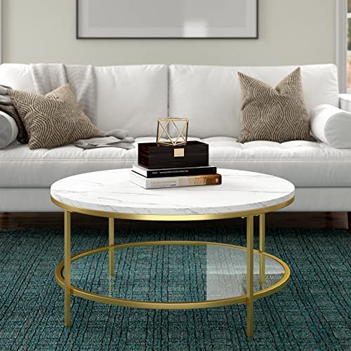 Henn&Hart 36" Wide Round Round Coffee Table with Faux Marble Top in Gold, Modern Round Coffee Tables for living room, studio apartment essentials