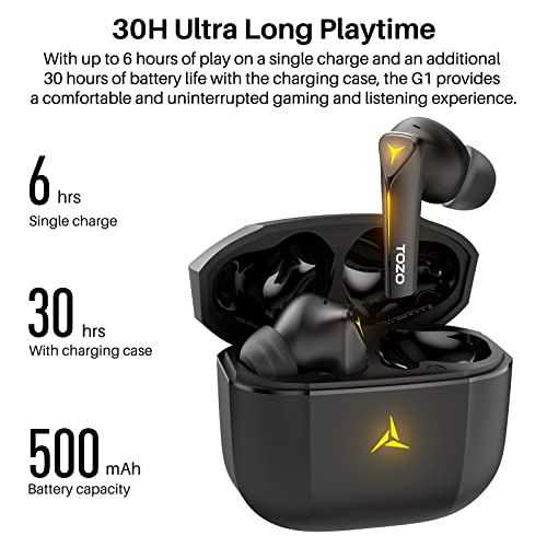 TOZO G1 Wireless Earbuds Bluetooth 5.3 Headphones with 45ms Ultra Low-Latency and Cool Breathing Light, Ergonomic Design, Gaming/Deep Bass Music Mode Headset Built-in Microphone, Stereo Sound, Black