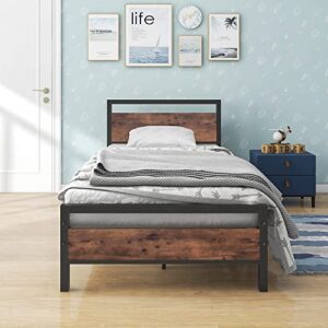 bofeng twin size bed frame with vintage wood headboard farmhouse bed,heavy duty metal platform bed frames no box spring needed,firm mattress foundation steel slat support easy assembly(rustic brown)