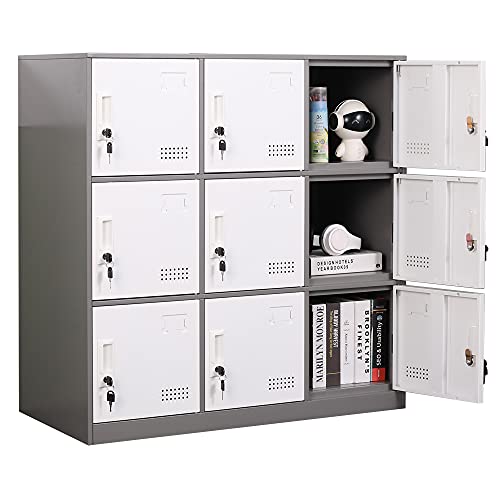 iCHENGGD Metal Locker Cabinet 9 Door Office Storage Locker Home School Metal Storage Cabinet with Lock and Ventilation for Employees Kids Bedroom Classroom Gym (Grey)