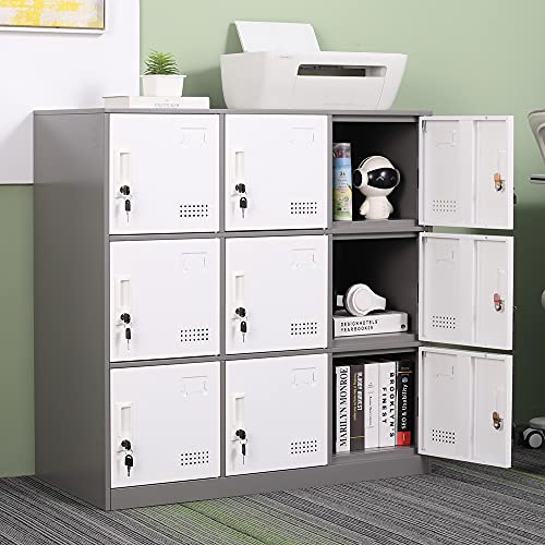 iCHENGGD Metal Locker Cabinet 9 Door Office Storage Locker Home School Metal Storage Cabinet with Lock and Ventilation for Employees Kids Bedroom Classroom Gym (Grey)