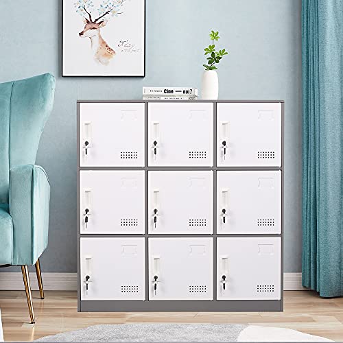 iCHENGGD Metal Locker Cabinet 9 Door Office Storage Locker Home School Metal Storage Cabinet with Lock and Ventilation for Employees Kids Bedroom Classroom Gym (Grey)