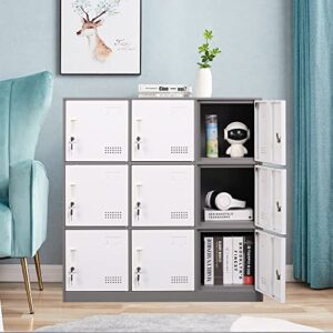 iCHENGGD Metal Locker Cabinet 9 Door Office Storage Locker Home School Metal Storage Cabinet with Lock and Ventilation for Employees Kids Bedroom Classroom Gym (Grey)