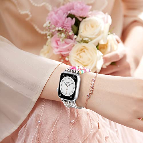 V-MORO Beaded Bracelet Compatible with Apple Watch Bands Series 7/6 45mm 44mm 42mm Women, Peal Silicone Sheet Fashion Handmade Elastic Stretch Strap for iWatch Series SE/5/4/3/2/1